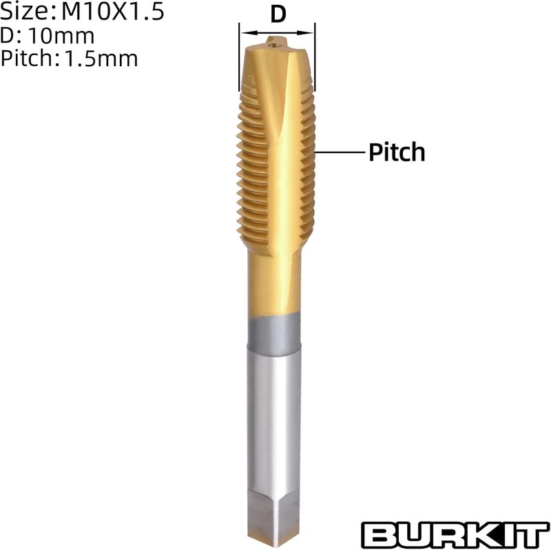 Burkit M10 Spiral Point Tap, HSS Titanium coating M10 x 1.5 Spiral Point Plug Threading Tap - Image 2